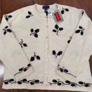Vintage Charter Club Holly Christmas Sweater Women's Cardigan 100% Lambswool XL